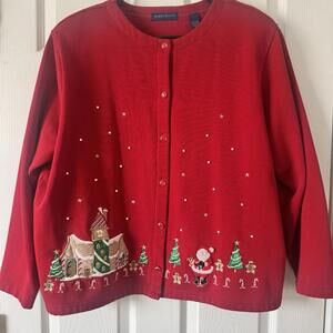 Karen Scott Red Santa Christmas Embroidered Sweater Cardigan Women’s XL